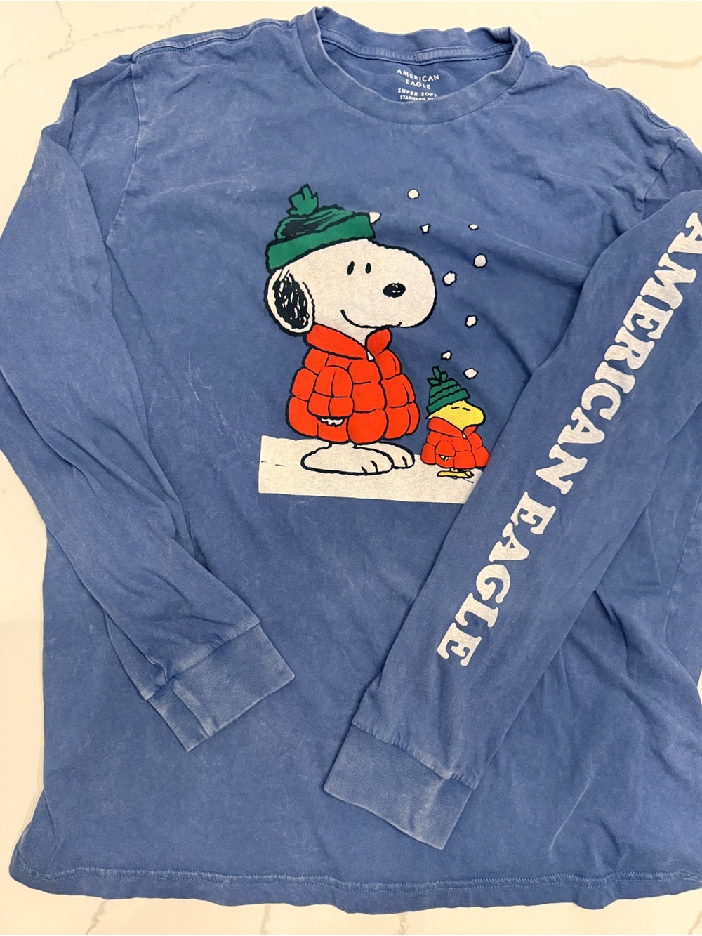 American Eagle Blue Snoopy Winter Graphic Tee